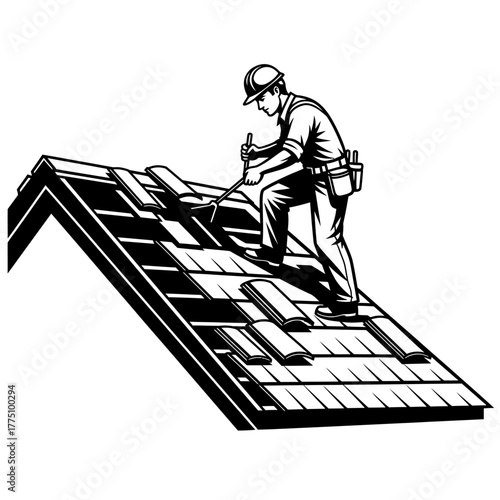 Roofer working on a roof, installing shingles, construction worker.