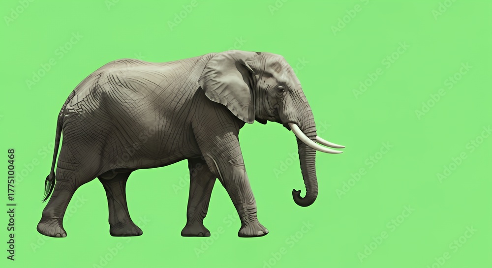 Obraz premium Realistic Grey Elephant Walking on Green Gradient Background