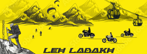 Leh Ladakh Skyline with Bike Rider Sketch – Pangong Lake, Thiksey Monastery, Shanti Stupa, Magnetic Hill, Adventure Travel Tourism Art Illustration