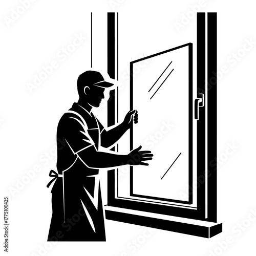 Window installation expert carefully placing glass pane inside frame.