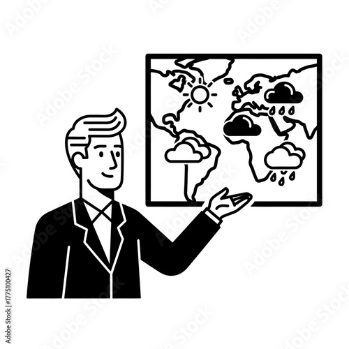 Weather forecaster presenting global weather conditions on a map.