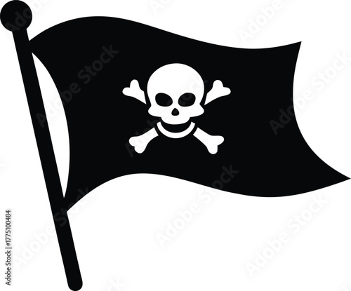Pirate Flag Icon with Skull and Crossbones – Black Silhouette Symbol of Danger or Warning