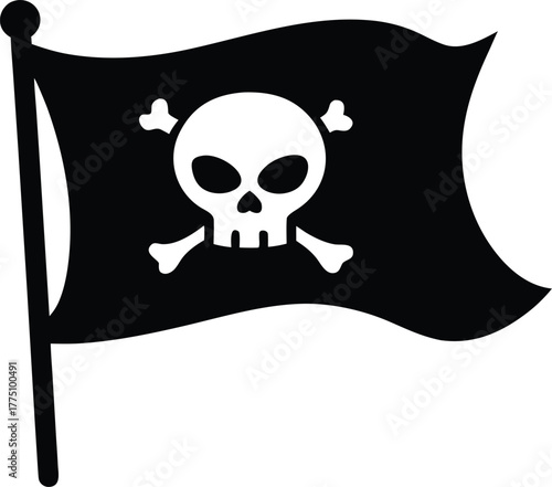 Pirate Flag Icon with Skull and Crossbones – Black Silhouette Symbol of Danger or Warning