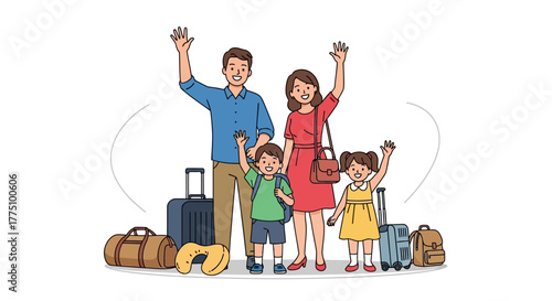 Cheerful Family Vacation Waving Goodbye Ready for Adventure