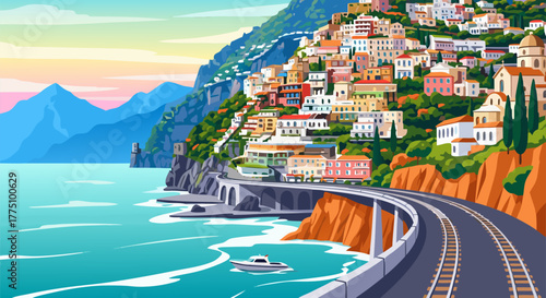 Picturesque Coastal Town Vector Illustration Seaside Railway and Cliffs