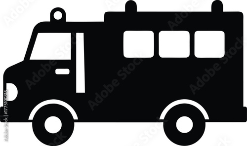Vector firefighter truck silhouette symbol. Heavy emergency vehicle graphic design, Emergency rescue truck icon.