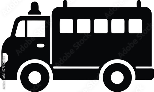 Vector firefighter truck silhouette symbol. Heavy emergency vehicle graphic design, Emergency rescue truck icon.