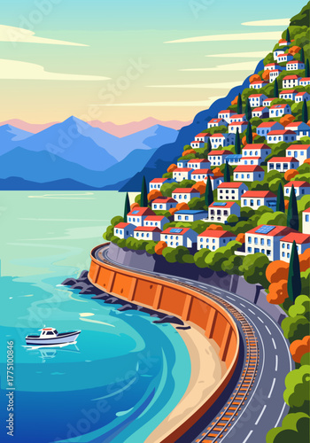 Charming coastal village with traditional hillside houses overlooking the tranquil sea, featuring a winding scenic road and railway line for idyllic travel