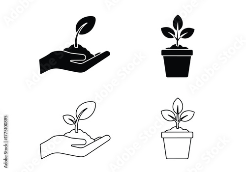 Plant seedling growth icons set hand potted plant - Vector icon symbol for website - Icon vector - Blue icon vector - Line and glyph solid icon set