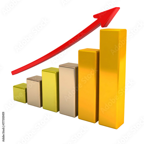 3D golden bar graph showing growth, with a red arrow indicating upward trend