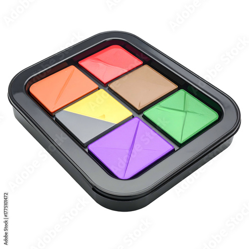 3D rectangular container holds six colorful, origami-like, square shapes