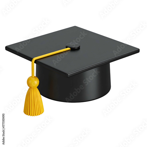 3D render of a black graduation cap with yellow tassel, isolated on black
