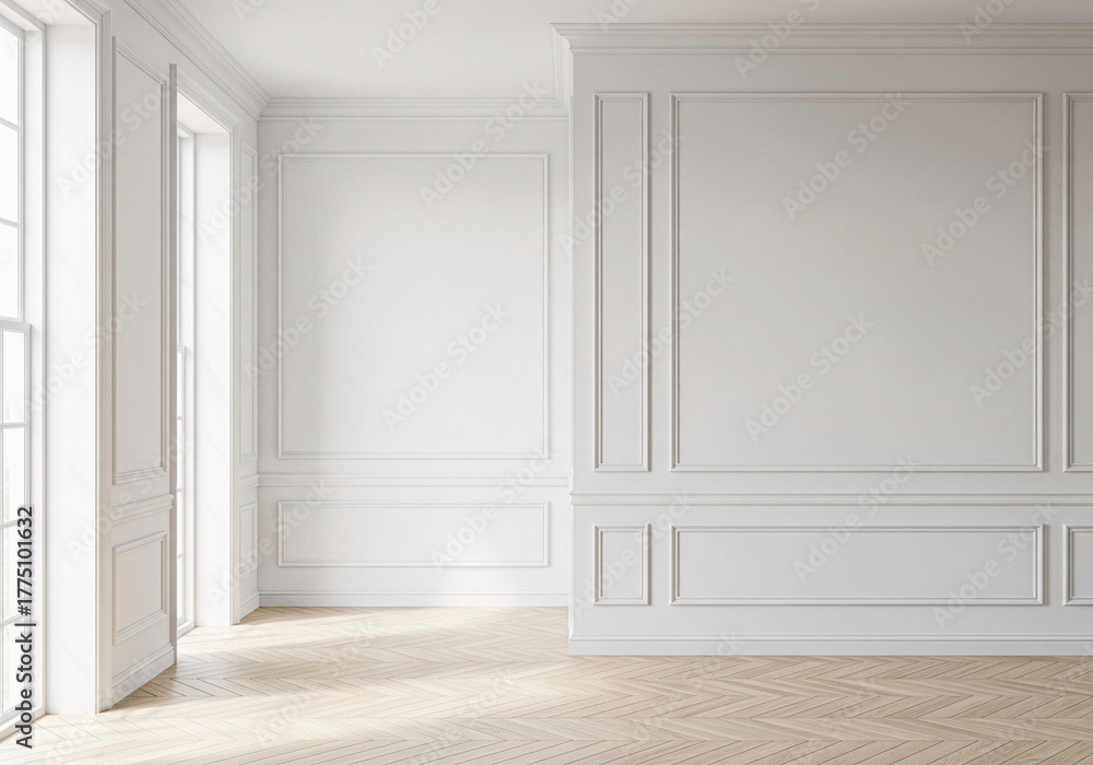 Fototapeta premium Bright White Classic Room Corner with Wall Molding and Light Wood Floor