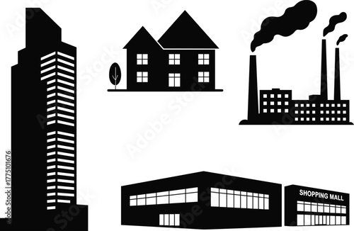 City building silhouettes, modern architecture icons, minimalist black and white design, house factory skyscraper mall vector set, urban structure illustration