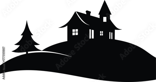 House Landscape Silhouette Vector Illustration. Sunset House Silhouette Landscape Vector Art