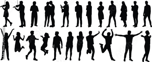 Collection of black silhouettes of people in various poses, dancing, jumping, talking, and playing violin, isolated illustration