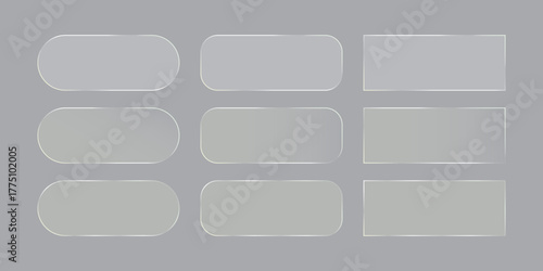 Set of liquid glass vector frames and shapes with reflection and shadow. Realistic empty plates on transparent background