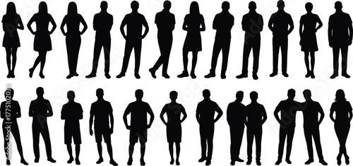 Collection of diverse people silhouettes standing in casual poses, men and women outline figures, isolated on white background