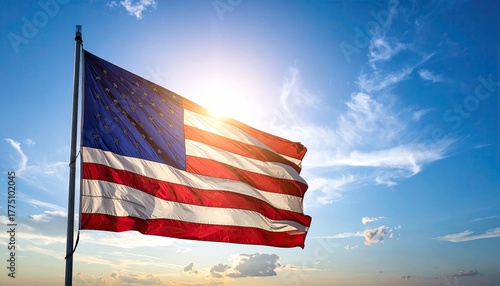 American Flag Waving Proudly Against a Bright Blue Sky with Sun Flare and Wispy Clouds on a Clear Day