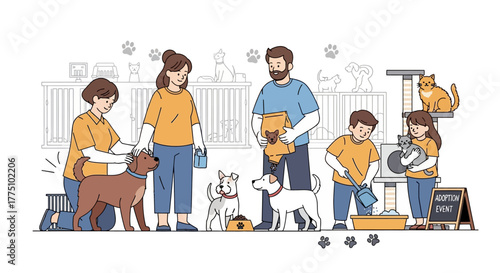 A heartwarming scene of people interacting with dogs and cats at an animal shelter