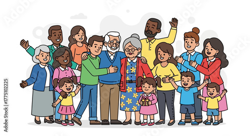 Diverse multi-generational family portrait showing happy people of all ages embracing and smiling, representing togetherness and strong bonds