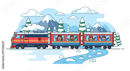 Cheerful train ride through winter wonderland A scenic journey with happy passengers