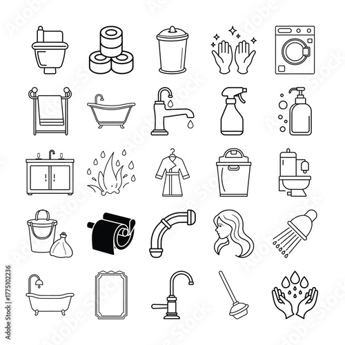 Collection of bathroom and hygiene line icons including toilet, towel, bathtub, and soap in outline