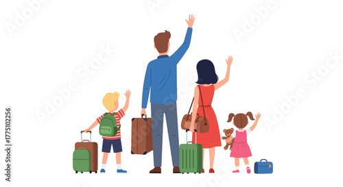 Happy family embarking on an exciting journey, waving goodbye with suitcases, ready for a memorable vacation or adventure together