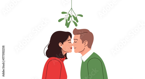Couple sharing a Christmas kiss under mistletoe, celebrating holiday romance and festive tradition