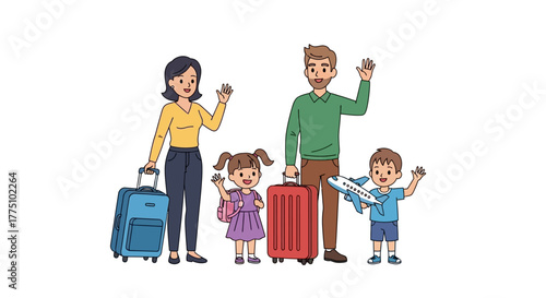 Family Travel Adventure Excited Group Ready for a Vacation with Luggage and Airplane Toys