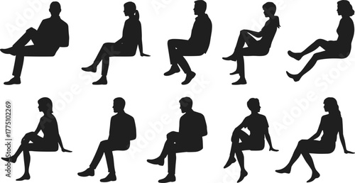 Collection of sitting people silhouettes, black vector illustrations of men and women in seated poses for art and design