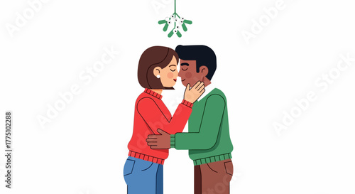 Couple Embracing and Kissing Under Mistletoe for Holiday Celebration Illustration