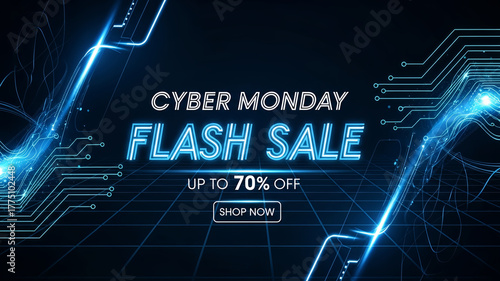 Cyber Monday Flash Sale up to 70% off post with blue neon text and abstract tech elements, an eye catching graphic for a retail brand's social media feed or an online promotion Shopping