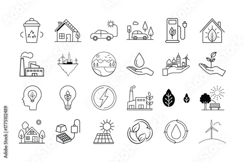 Sustainable energy and eco friendly line icons, renewable power, green living, and environmental care
