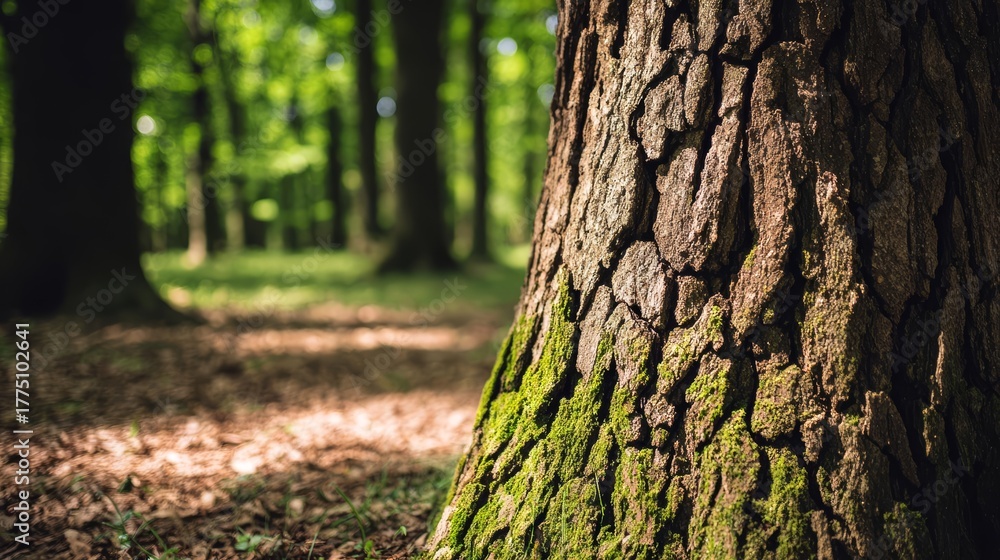 Fototapeta premium Sunlit Tree Trunk in a Lush Forest Setting.
