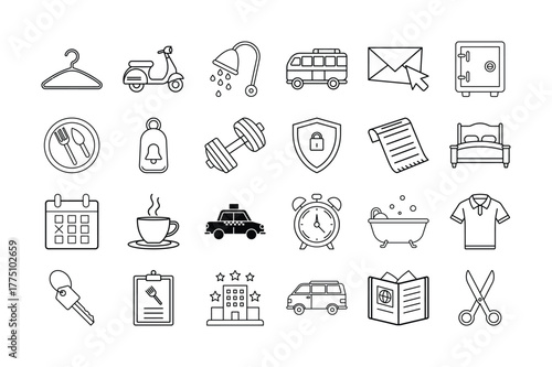 Travel and accommodation line icons. Holiday, hotel, transportation, luggage, shopping, services, room, food vector