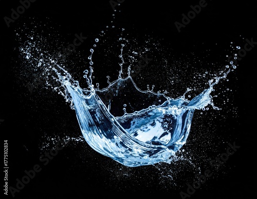 A Dynamic Blue Water Splash Frozen in Motion Against a Stark Black Background with Tiny Droplets Ascending