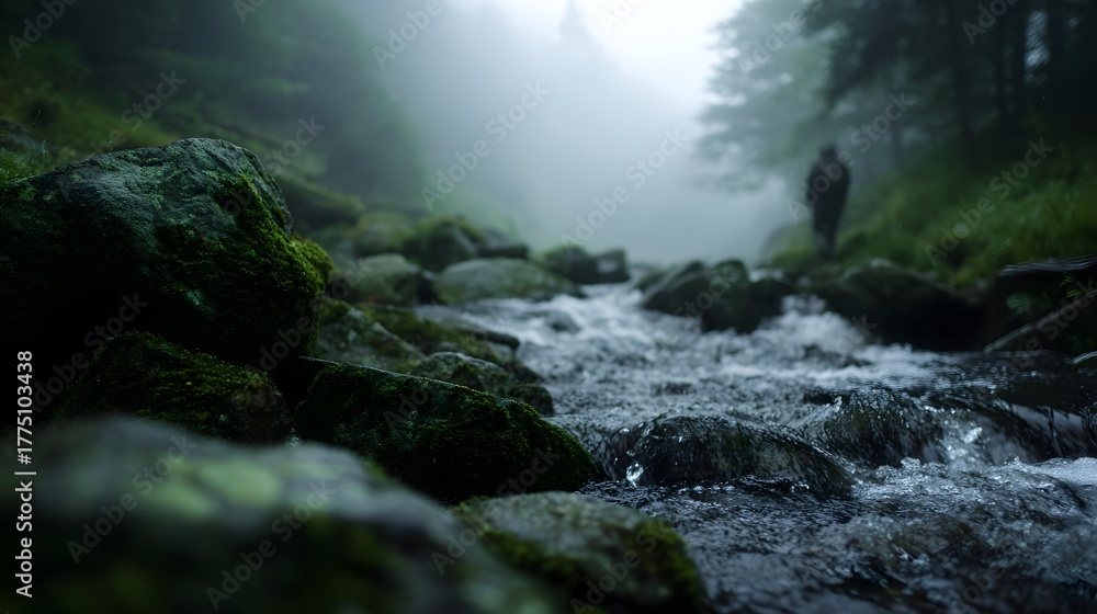 Naklejka premium A lone traveller walks along a stream flowing through a misty moss covered forest with fog creating an atmospheric serene mood