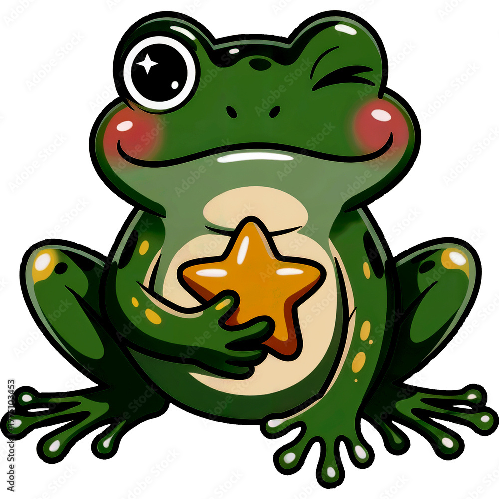 Obraz premium Winking Star Frog - funny frog clipart design, Cute Amphibian animal, Entertaining Frog illustration, Happy Frog design sublimation