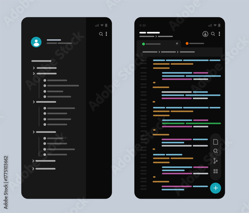 mobile application screens file explorer navigation panel and code editor colorful syntax highlighting software development programming coding on a smartphone