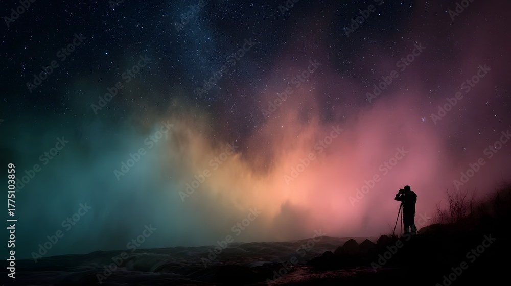 Fototapeta premium A lone photographer captures a dramatic scene of colorful mist rising from a waterfall under a vast starry night sky