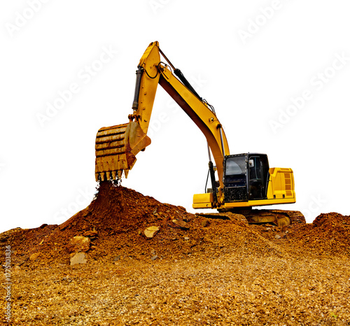 Excavator working on construction site on transparent background