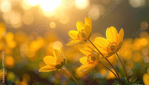 Close Up Macro View Of Yellow Buttercups In A Meadow Bathed In Golden Sunlight With Soft Bokeh Background And Dew Drops