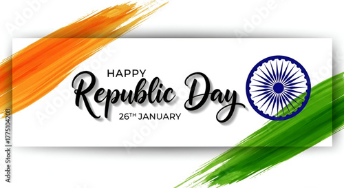 Happy Republic Day 26th January celebration banner design with elegant typography paint brush strokes in Indian tricolor and the Ashoka Chakra a patriotic vector graphic
