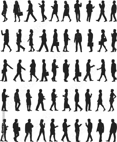 Collection of 60 business people silhouettes walking, talking, standing, professional poses, office lifestyle, teamwork concept, vector illustration