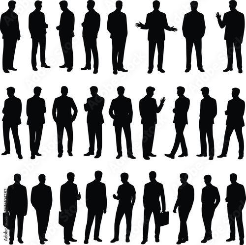 Collection of black silhouettes of business men in suits discussing, standing, and interacting — corporate communication concept illustration