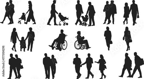 Collection of fifteen black silhouettes of people walking, families, couples, and wheelchair users, diverse human life illustration set
