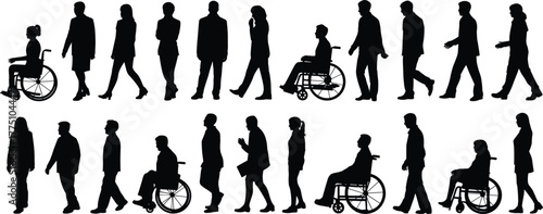 Diverse group of people silhouettes, walking and sitting in wheelchairs, inclusion and accessibility concept, teamwork, business community diversity illustration