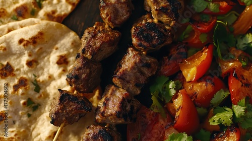Close up of Turkish kebab with grilled lamb and vegetables