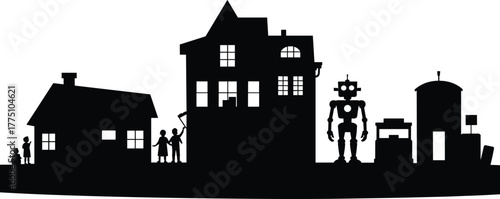 Futuristic city skyline silhouette with robot, human figures, residential and industrial buildings, symbolizing modern technology, smart cities, and artificial intelligence
